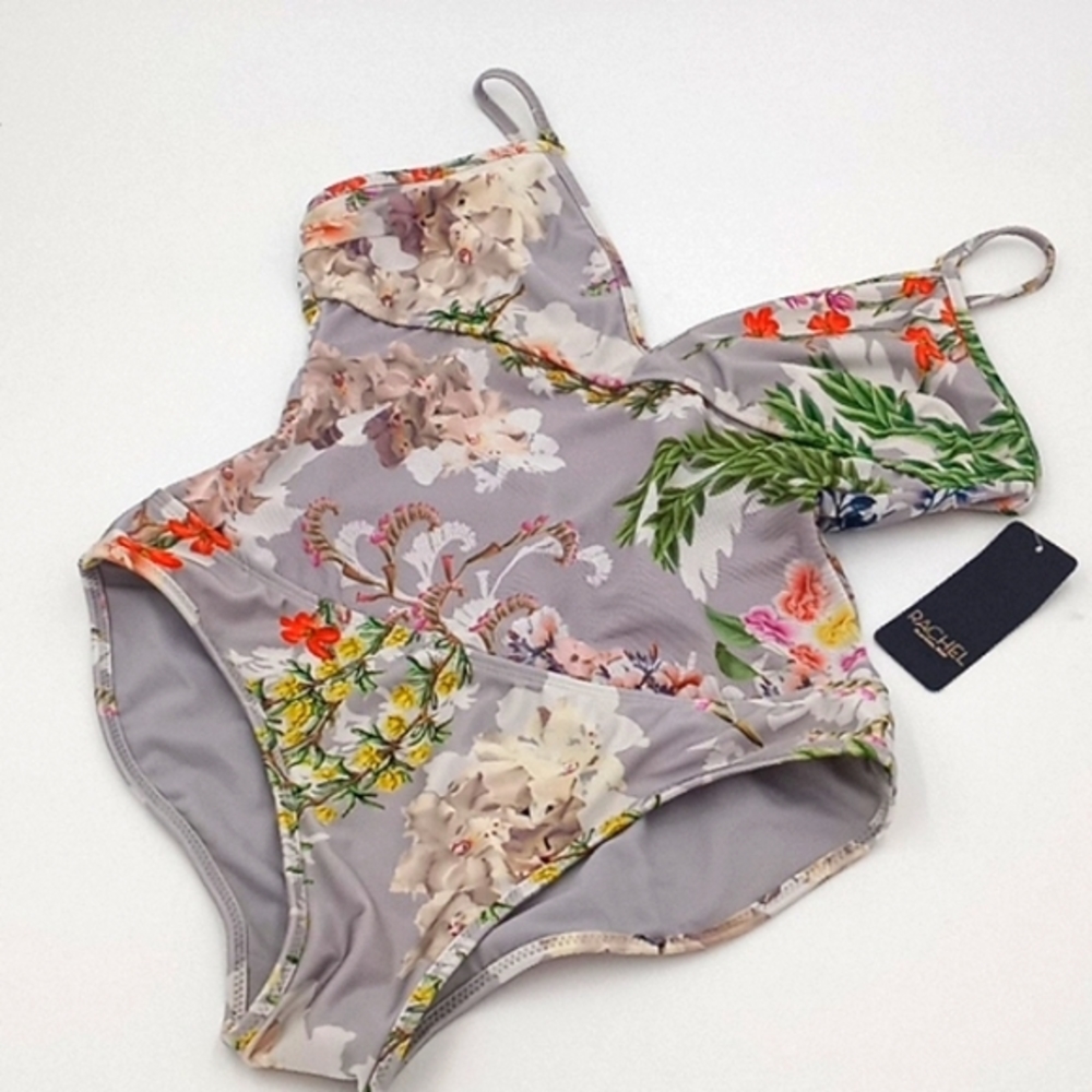 Rachel Roy Floral Print Mesh Inset Deep V-Neck One-Piece Swimsuit Fleur Silver S